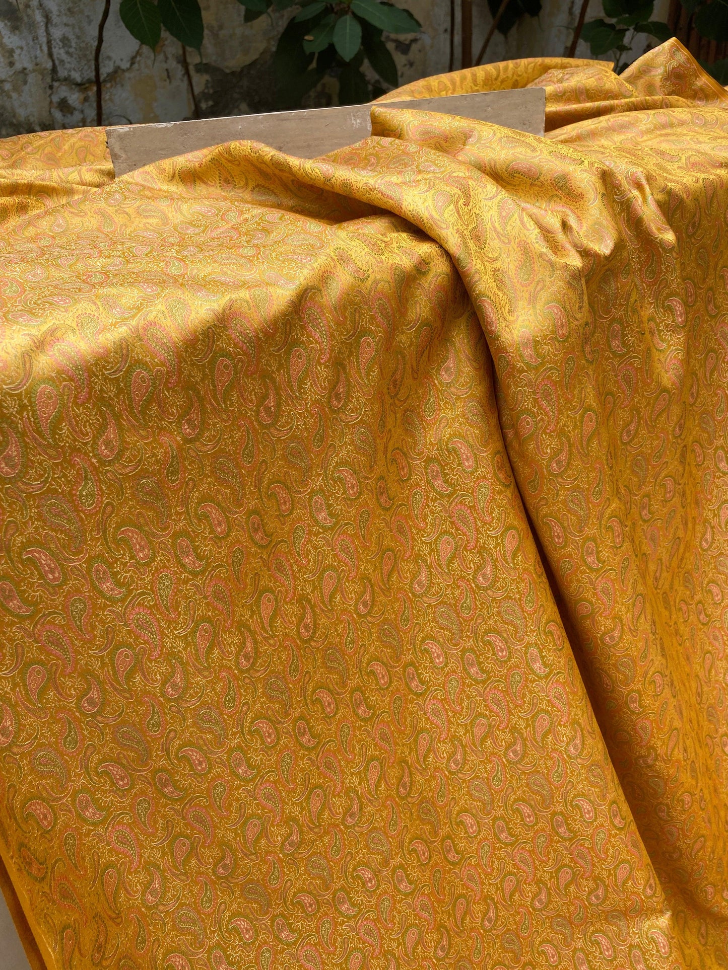 Yellow Handloom Pure Katan Silk Brocade Banarasi Fabric by Shades Of Benares - banarasi - banarasi saree shop