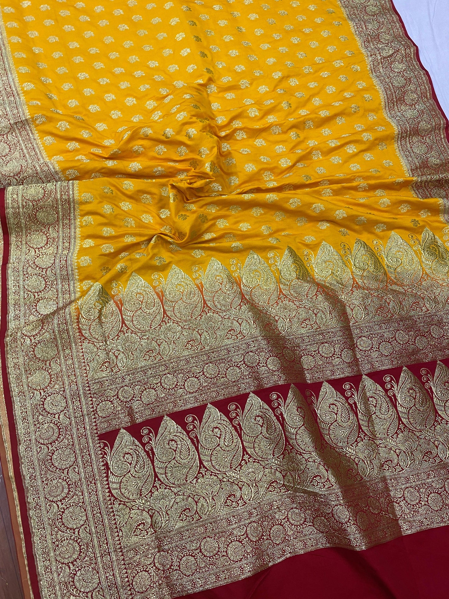 Yellow Handloom Pure Satin Silk Banarasi Saree by Shades Of Benares - banarasi - banarasi saree shop