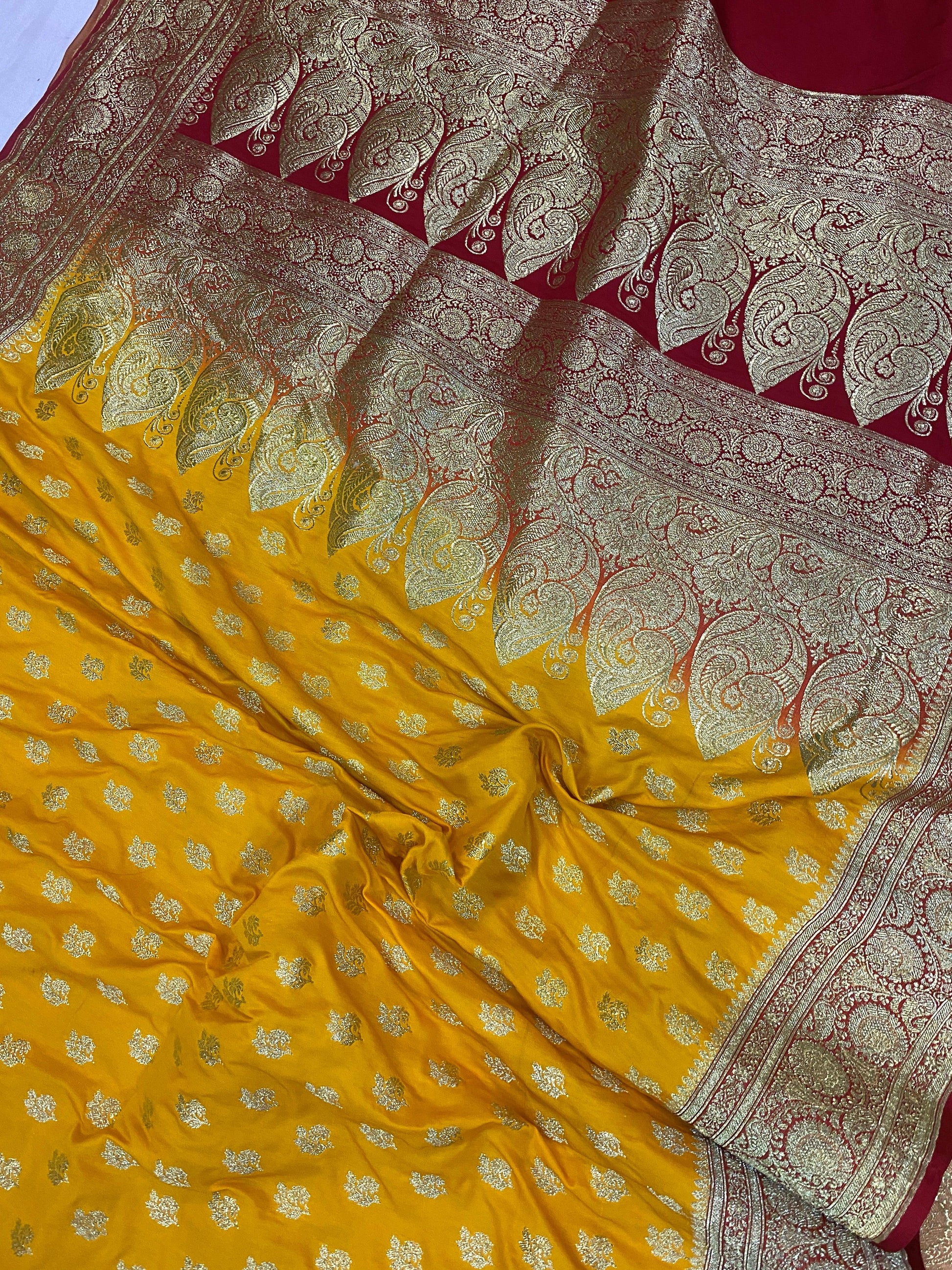 Yellow Handloom Pure Satin Silk Banarasi Saree by Shades Of Benares - banarasi - banarasi saree shop