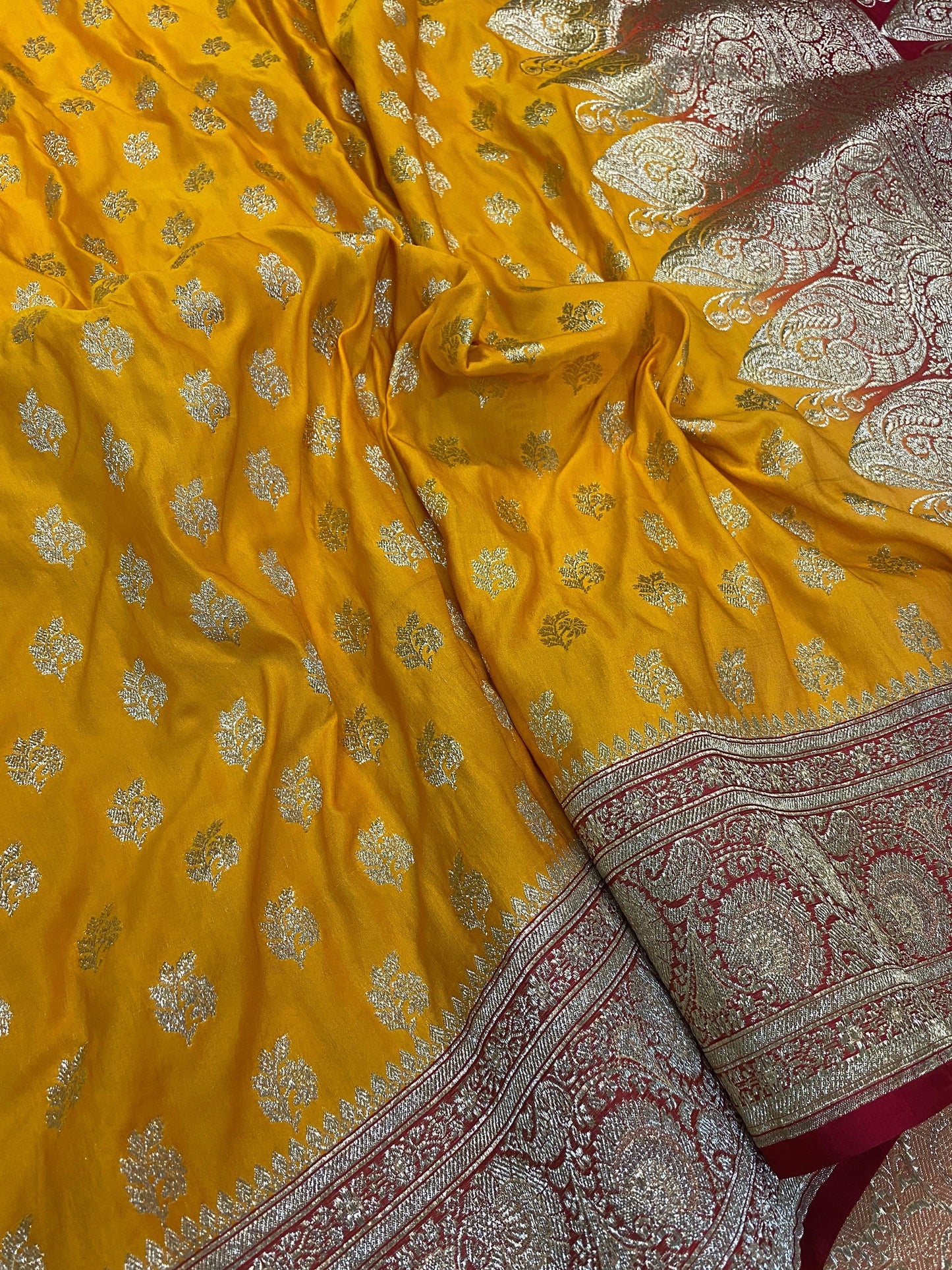 Yellow Handloom Pure Satin Silk Banarasi Saree by Shades Of Benares - banarasi - banarasi saree shop