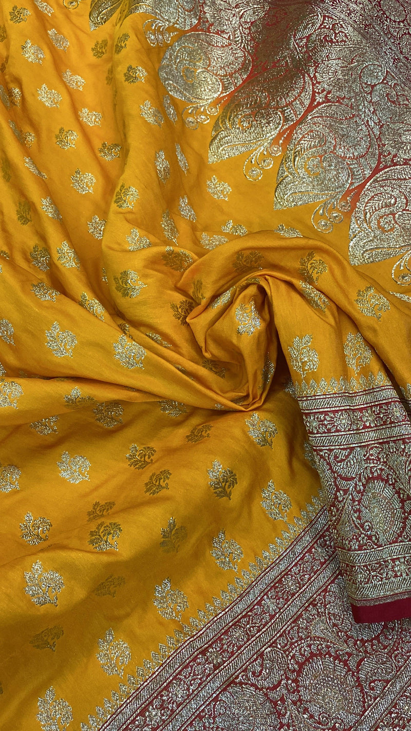 Yellow Handloom Pure Satin Silk Banarasi Saree by Shades Of Benares - banarasi - banarasi saree shop