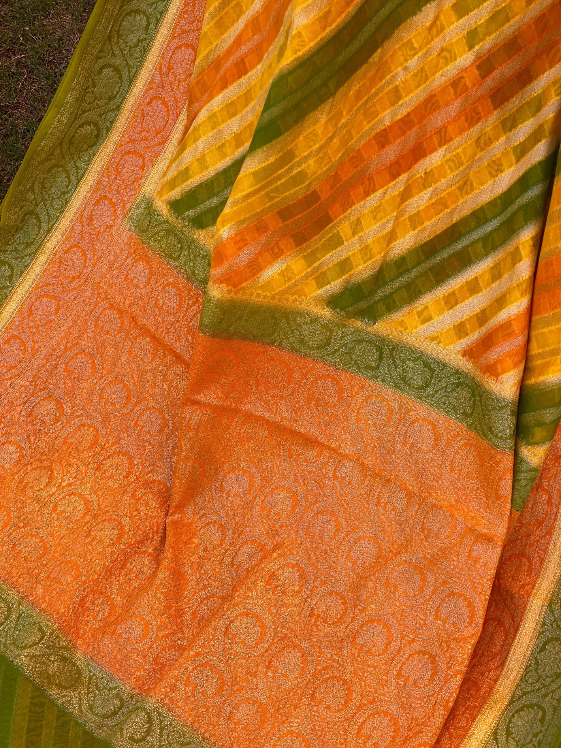 Yellow Orange & Green Pure Banarasi Khaddi Georgette Handloom Leheriya Saree by Shades Of Benares - banarasi - banarasi saree shop