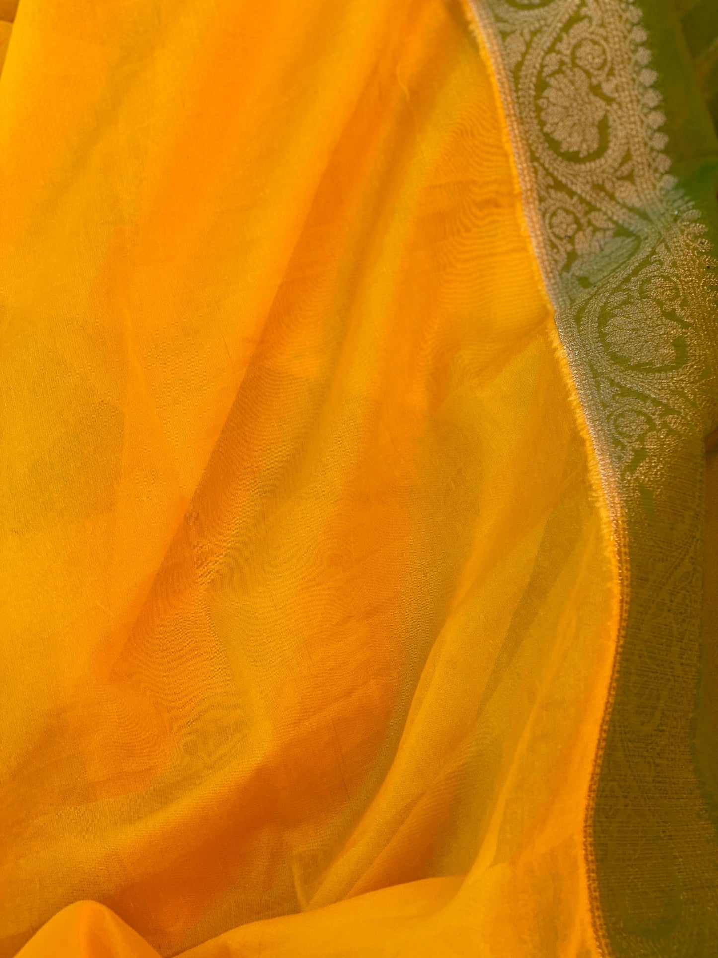 Yellow Orange & Green Pure Banarasi Khaddi Georgette Handloom Leheriya Saree by Shades Of Benares - banarasi - banarasi saree shop