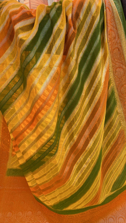 Yellow Orange & Green Pure Banarasi Khaddi Georgette Handloom Leheriya Saree by Shades Of Benares - banarasi - banarasi saree shop