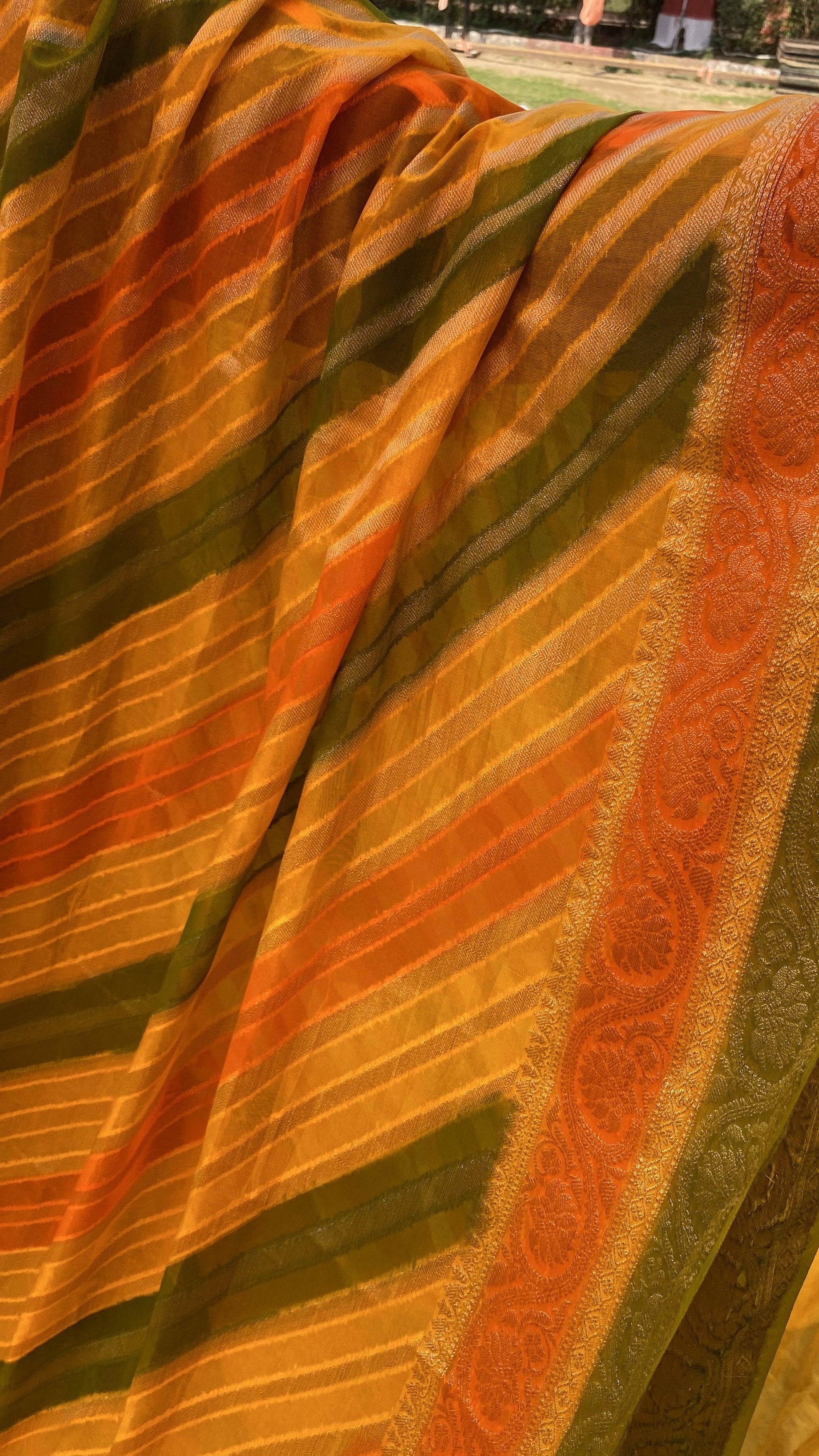 Yellow Orange & Green Pure Banarasi Khaddi Georgette Handloom Leheriya Saree by Shades Of Benares - banarasi - banarasi saree shop