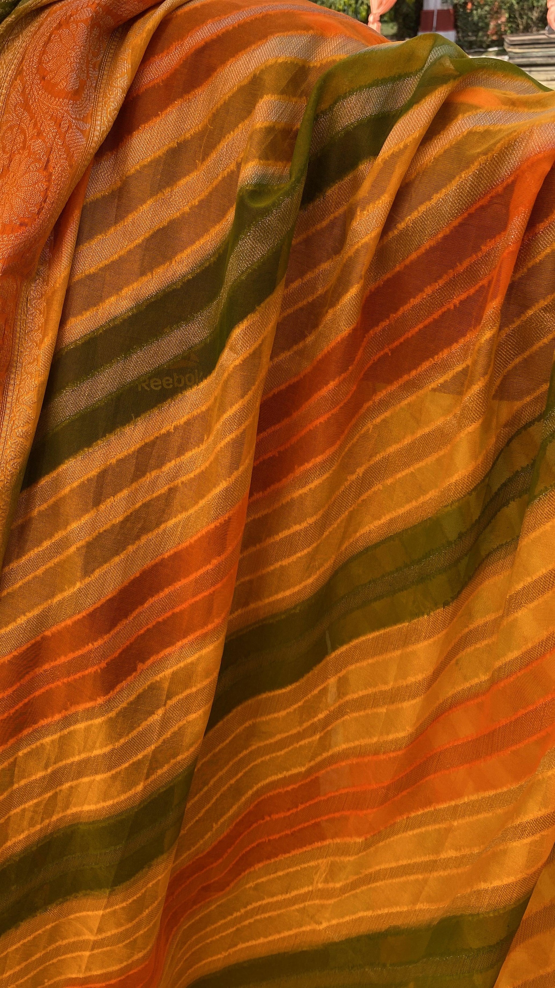 Yellow Orange & Green Pure Banarasi Khaddi Georgette Handloom Leheriya Saree by Shades Of Benares - banarasi - banarasi saree shop