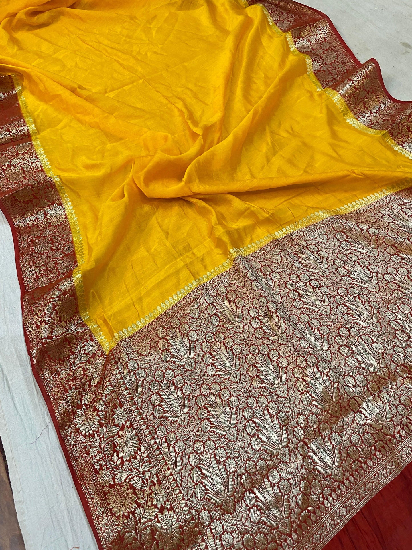 Yellow Pure Banarasi Katan Silk Handloom Saree - Kadhwa Border & Pallu by Shades Of Benares - banarasi - banarasi saree shop