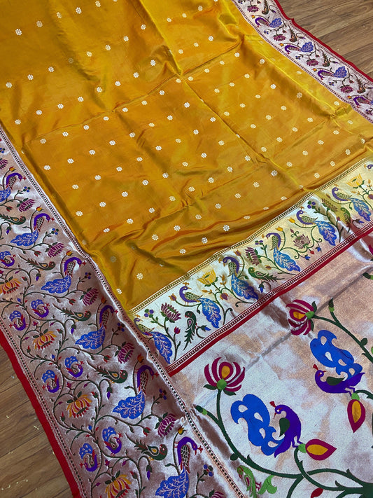 Yellow Pure Banarasi Katan Silk Handloom Saree- Kadhwa Paithani by Shades Of Benares - banarasi - banarasi saree shop