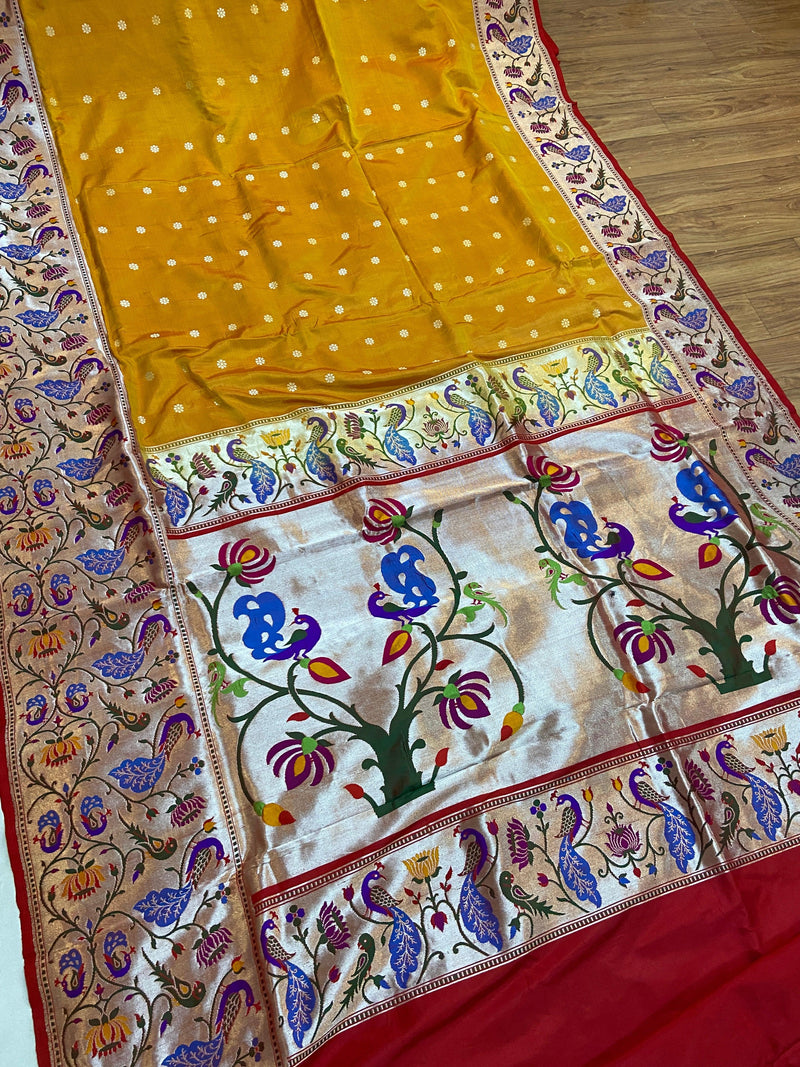 Yellow Pure Banarasi Katan Silk Handloom Saree- Kadhwa Paithani - Shades Of Benares