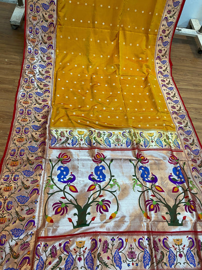 Yellow Pure Banarasi Katan Silk Handloom Saree- Kadhwa Paithani by Shades Of Benares - banarasi - banarasi saree shop