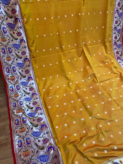 Yellow Pure Banarasi Katan Silk Handloom Saree- Kadhwa Paithani by Shades Of Benares - banarasi - banarasi saree shop