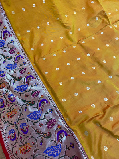 Yellow Pure Banarasi Katan Silk Handloom Saree- Kadhwa Paithani by Shades Of Benares - banarasi - banarasi saree shop