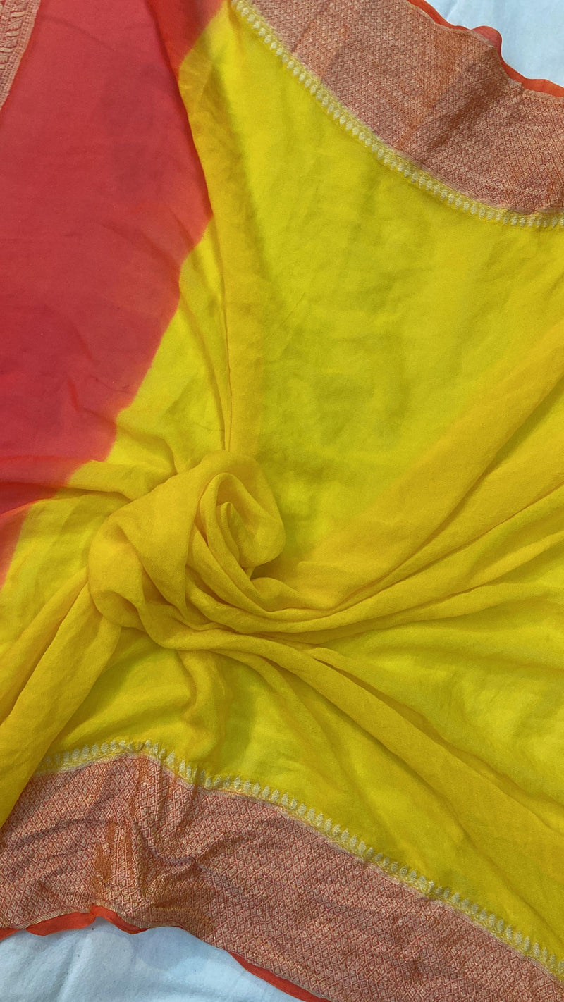 Yellow Pure Banarasi Khaddi Georgette Handloom Saree - Rangkaat - Shades Of Benares