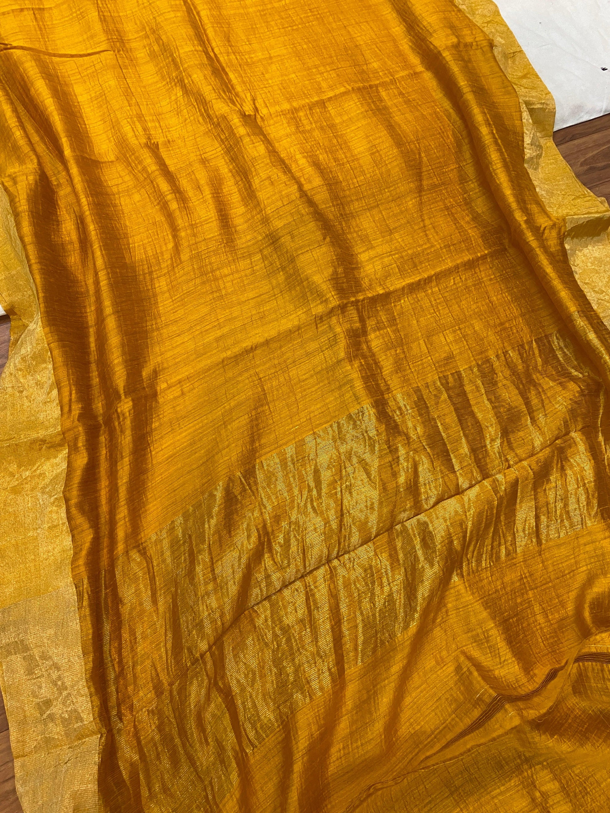 Yellow Pure Banarasi Tussar silk handloom Khaddi saree with blouse piece by Shades Of Benares - banarasi - banarasi saree shop