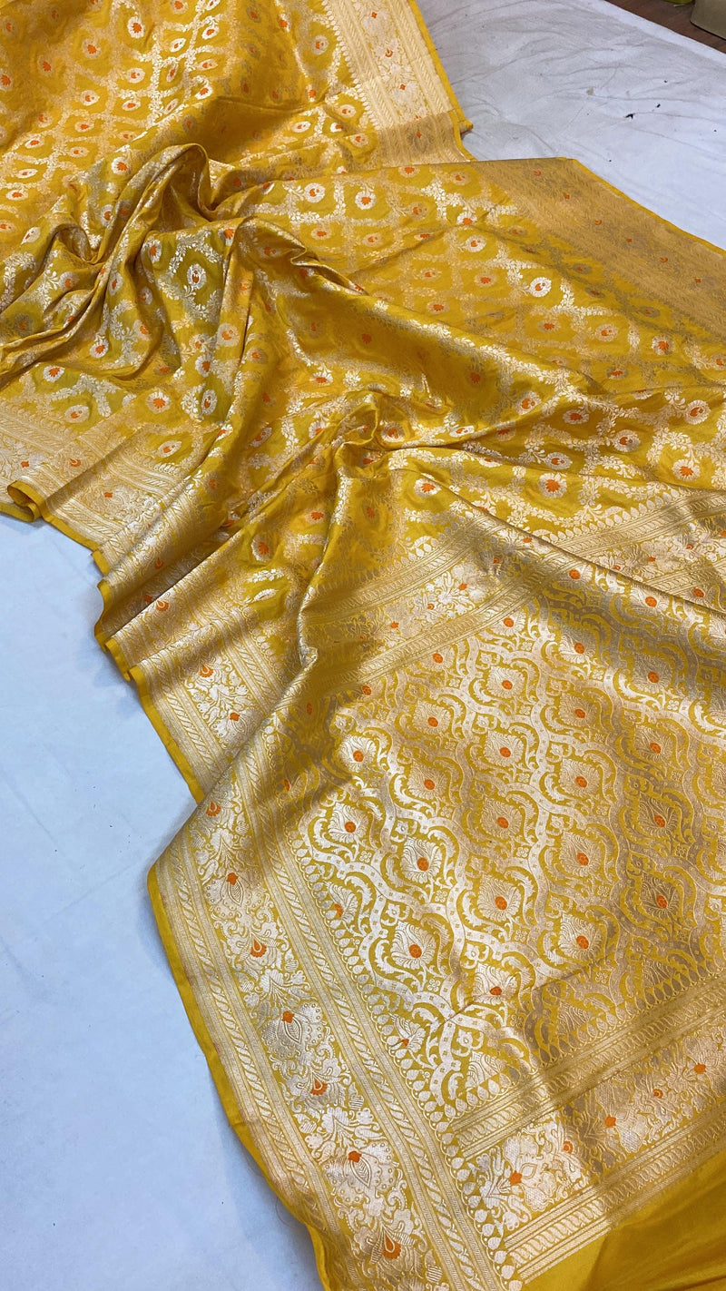 Yellow Pure Katan Silk Handloom Banarasi Saree by Shades Of Benares - banarasi - banarasi saree shop