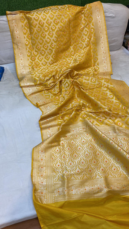 Yellow Pure Katan Silk Handloom Banarasi Saree by Shades Of Benares - banarasi - banarasi saree shop