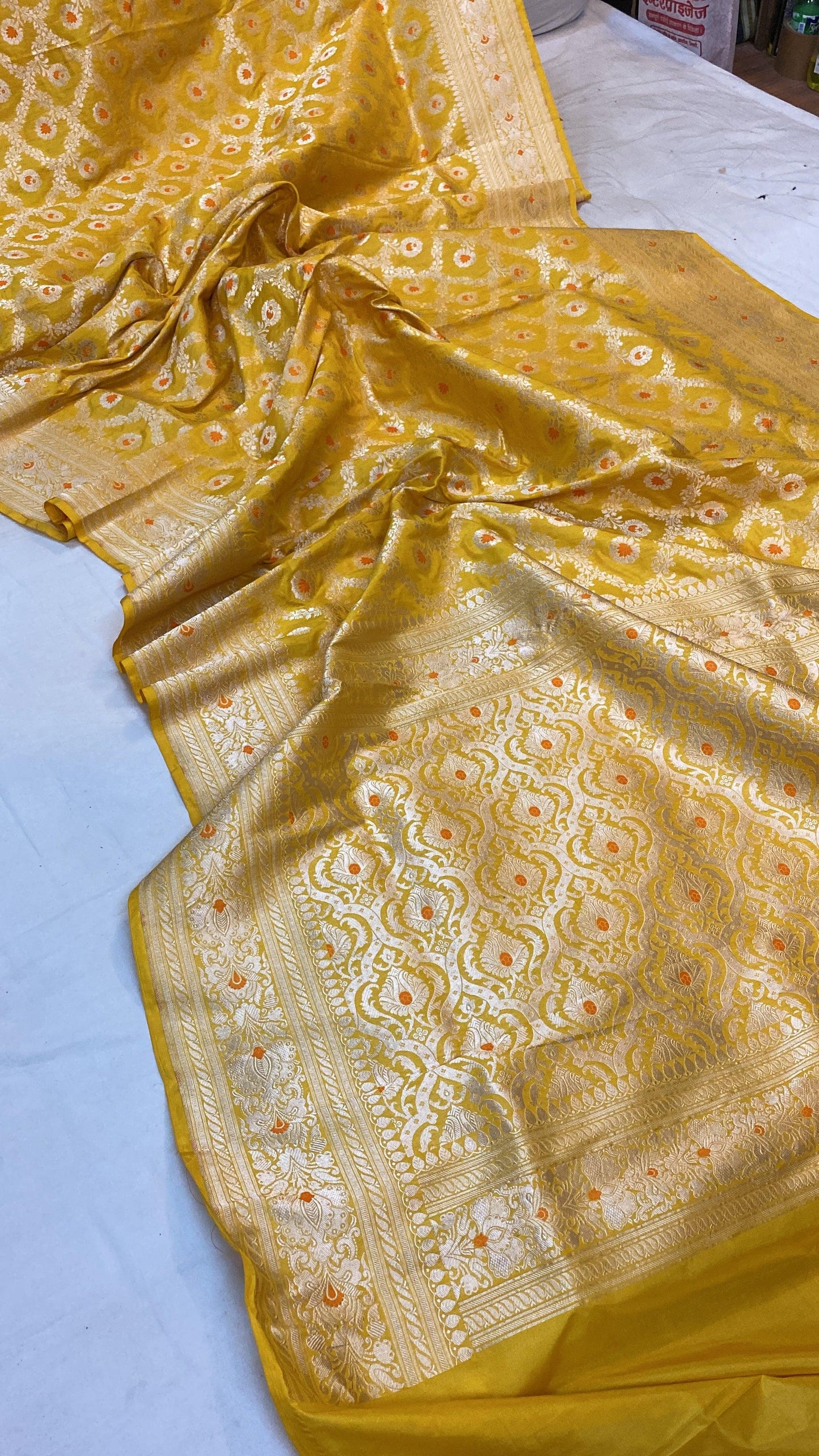 Yellow Pure Katan Silk Handloom Banarasi Saree by Shades Of Benares - banarasi - banarasi saree shop