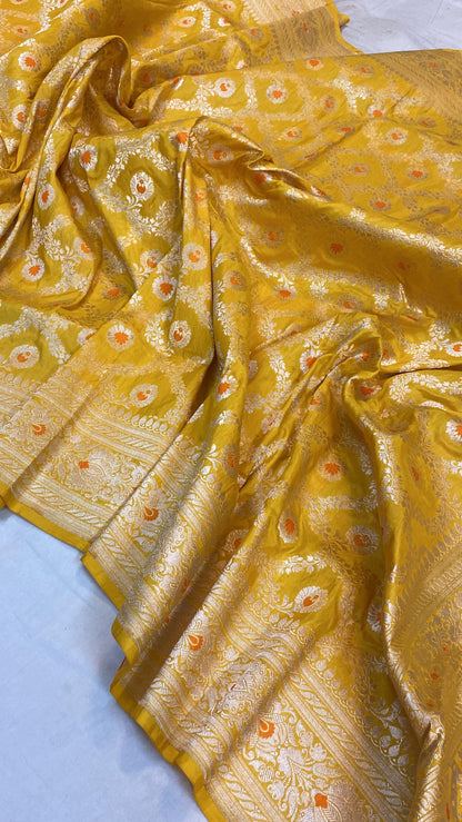 Yellow Pure Katan Silk Handloom Banarasi Saree by Shades Of Benares - banarasi - banarasi saree shop