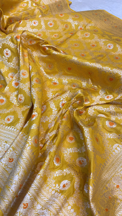 Yellow Pure Katan Silk Handloom Banarasi Saree by Shades Of Benares - banarasi - banarasi saree shop