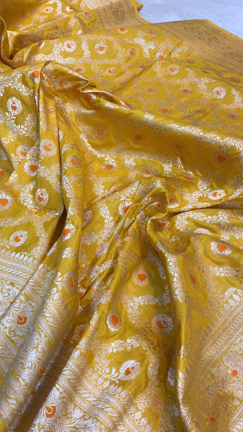 Yellow Pure Katan Silk Handloom Banarasi Saree - Shades Of Benares