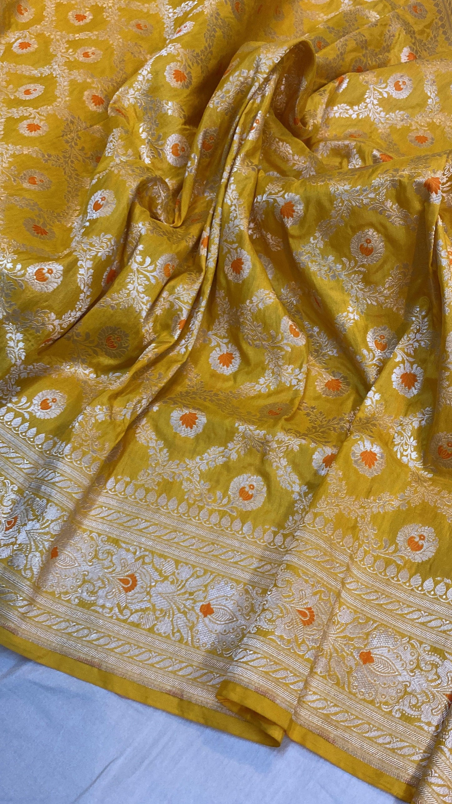 Yellow Pure Katan Silk Handloom Banarasi Saree by Shades Of Benares - banarasi - banarasi saree shop