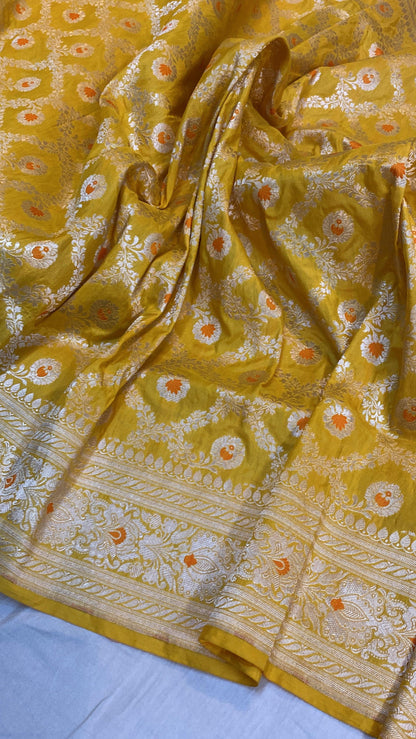 Yellow Pure Katan Silk Handloom Banarasi Saree by Shades Of Benares - banarasi - banarasi saree shop