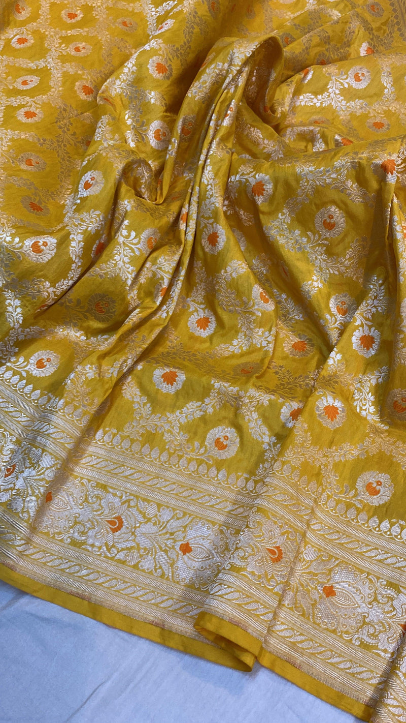 Yellow Pure Katan Silk Handloom Banarasi Saree - Shades Of Benares
