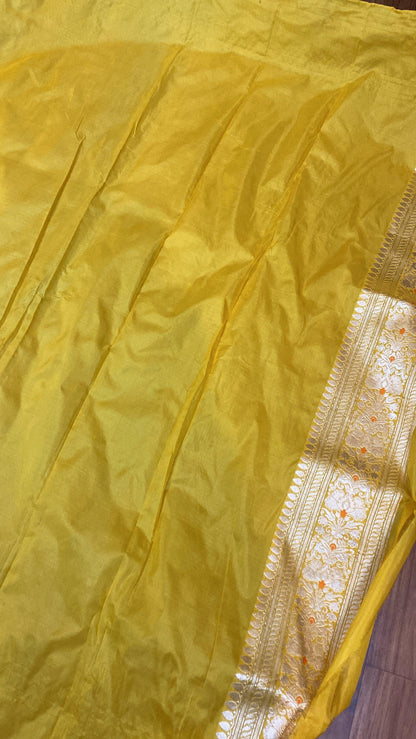 Yellow Pure Katan Silk Handloom Banarasi Saree by Shades Of Benares - banarasi - banarasi saree shop